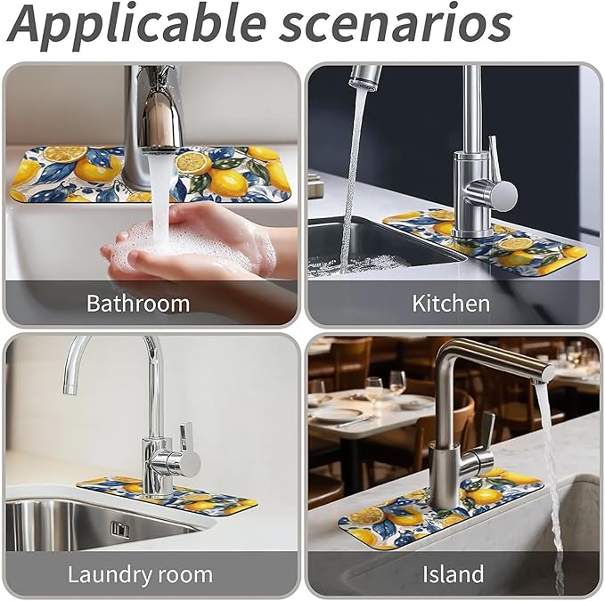 Kitchen Sink Splash Guard,Bright lemon Faucet Mat Sink Gadgets-Super Absorbent Fast Drying Mat Drip Catcher for Kitchen, Bathroom,Sink Mat, Dish Drying Mat, Bathroom(15" X 5.5" )