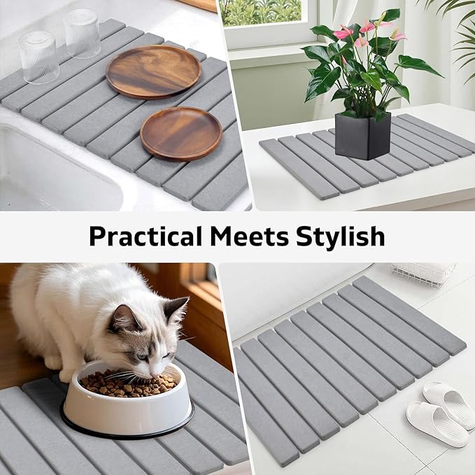 Large Stone Dish Drying Mat for Kitchen Counter, 24"×16", Collapsible Quick Dry Dish Drying Mat, Ultra Absorbent Diatomaceous Earth Mats for Dishes Bottles Cups, Match Any Countertop - Grey