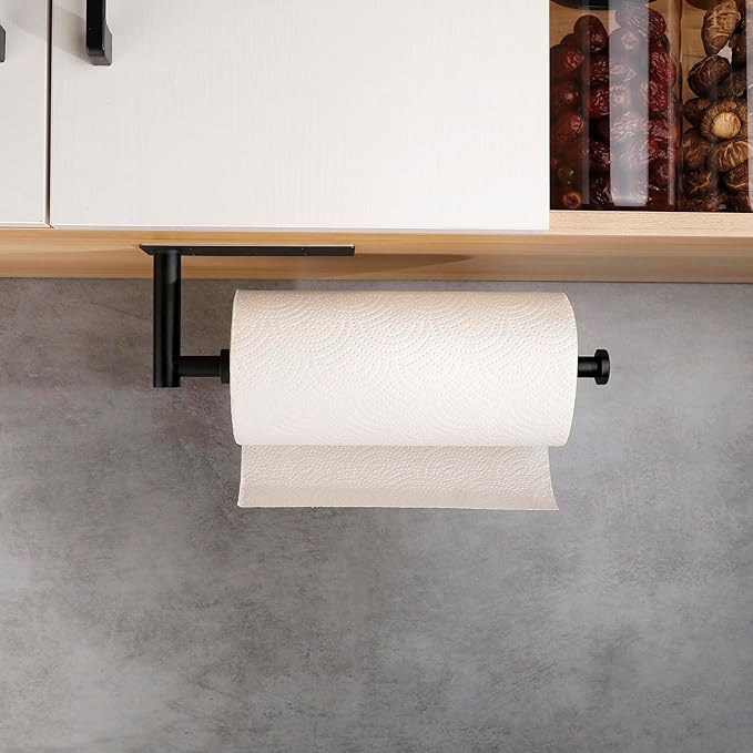 Black Paper Towel Holder Under Cabinet, Single Hand Operable Wall Mount Paper Towel Roll Holder with Damping Effect, Self-Adhesive or Drilled for Kitchen Bathroom, SUS304 Stainless Steel