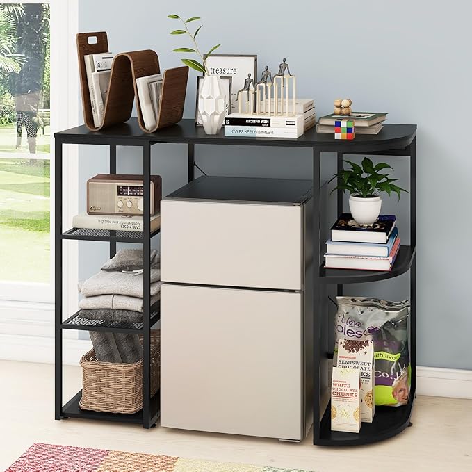 PUNCIA Mini Fridge Cabinet with Power Outlet – Coffee Bar Cabinet with Refrigerator Space and Storage Shelf Beverage Wine Cooler Stand Microwave Oven Rack for Dorm Apartment or Dorm Use