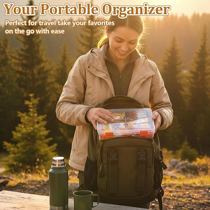 Drink Packet Organizer – Stackable Clear Acrylic Water Flavor Packet Organization with Removable Dividers & Secure Lid for Kitchen, Countertop, Pantry, and Travel (Orange)