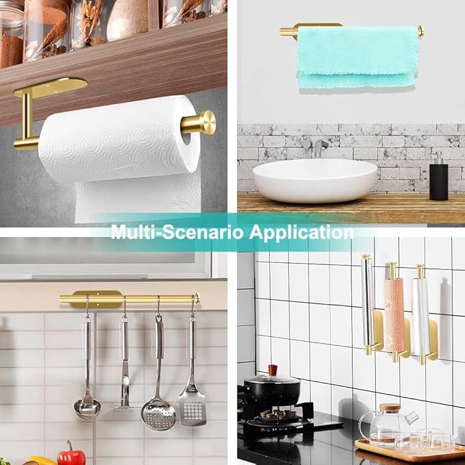 MGahyi Paper Towel Holder Wall Mount, Self Adhesive Or Drilling Paper Towel Holder Under Cabinet, 13.2 inch Stainless Steel Kitchen Paper Towel Roll Rack, Bathroom Towel Roll Hanger(Gold, Rectangle)