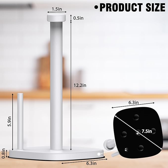 Paper Towel Holder Countertop, Standing Paper Towel Roll Holder for Kitchen Bathroom Organize, Stand with Weighted Base Suction Cups, Stainless Steel One-Handed Operation (White)