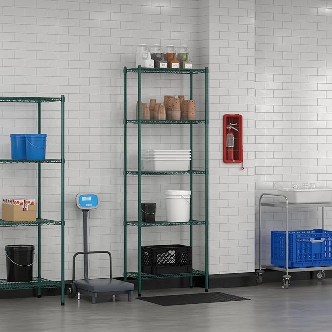 Commercial NSF Listed Green Epoxy Stationary Wire Shelving Kit 14" x 30" x 86", with 5 Shelves Perfect for Warehouse, Walk-in Refrigerator, Freezer, Grocery Store, Restaurant, Dishroom