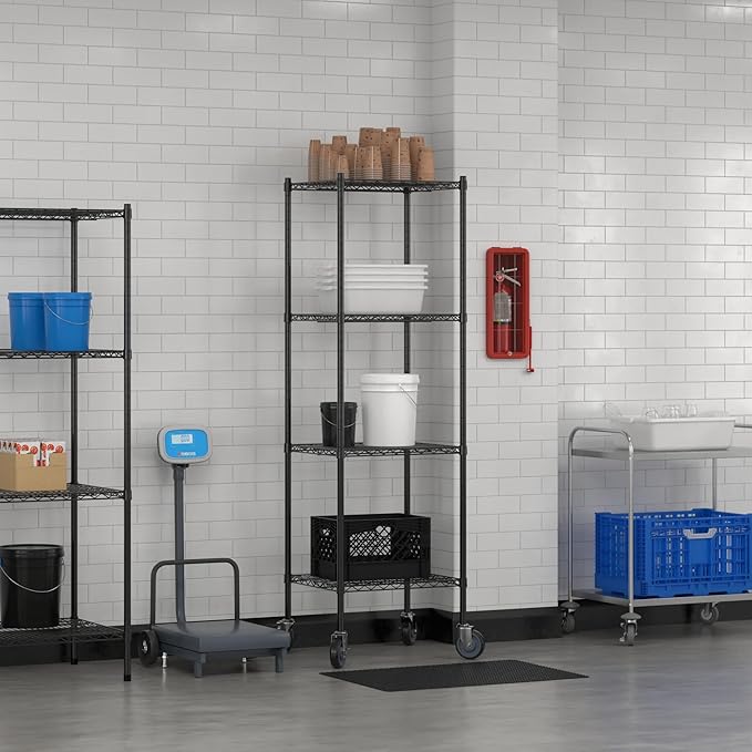 Commercial NSF Listed Black Epoxy Mobile Wire Shelving Kit 21" x 24" x 80", with 4 Shelves Perfect for Warehouse, Walk-in Refrigerator, Freezer, Grocery Store, Restaurant, Dishroom