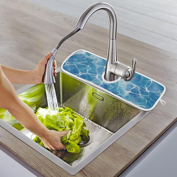 2 PCS Kitchen Sink Splash Guard 23.6 Inch Faucet Mat for Kitchen Sink Bathroom Sink Faucet Absorbing Drip Drain Mat Pad Microfiber Soft Washable Blue Pool Ripples