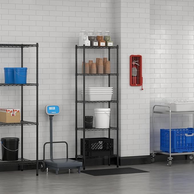 Commercial NSF Listed Black Epoxy Stationary Wire Shelving Kit 12" x 24" x 74", with 5 Shelves Perfect for Warehouse, Walk-in Refrigerator, Freezer, Grocery Store, Restaurant, Dishroom
