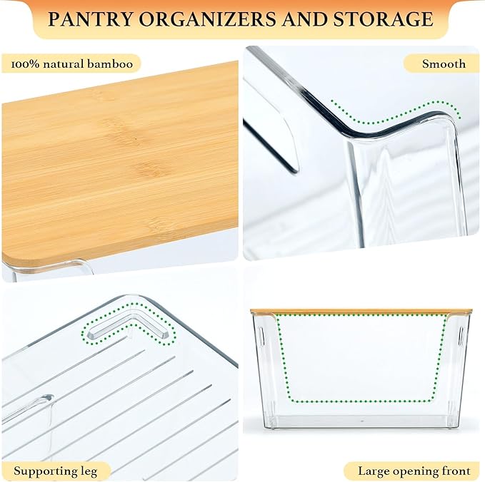 CiWiVOKi 2 Set Pantry Organizers and Storage - Clear Stackable Bins with Bamboo Lid for Fruit, Onion, Potato, Vegetable - Trash Bag Holder Dispenser Under Sink Organizer for 4-13 Gal Bags