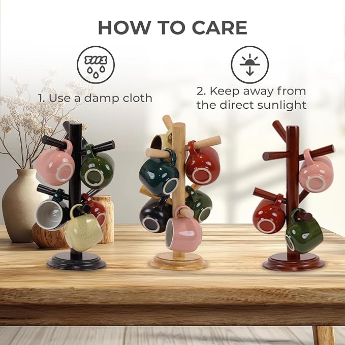 Mug Tree Set of 2 | 13.5"x7"x7", 6 Hooks Cup Holder with Thick Rubberwood Base, Wooden Coffee Mug Holder Stand for Countertop, Kitchen Table, Cup Organizer Rack for Mugs or Utensils (Natural)