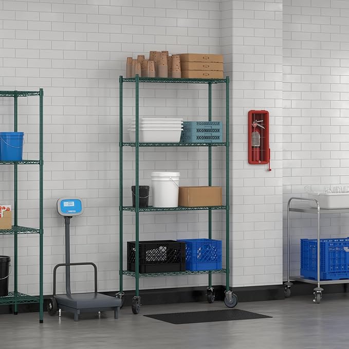 Commercial NSF Listed Green Epoxy Mobile Wire Shelving Kit 14" x 36" x 80", with 4 Shelves Perfect for Warehouse, Walk-in Refrigerator, Freezer, Grocery Store, Restaurant, Dishroom