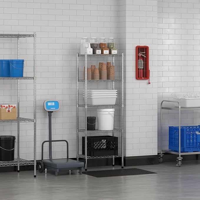 Commercial NSF Listed Chrome Stationary Wire Shelving Kit 12" x 24" x 64", with 5 Shelves Perfect for Warehouse, Walk-in Refrigerator, Freezer, Grocery Store, Restaurant, Dishroom