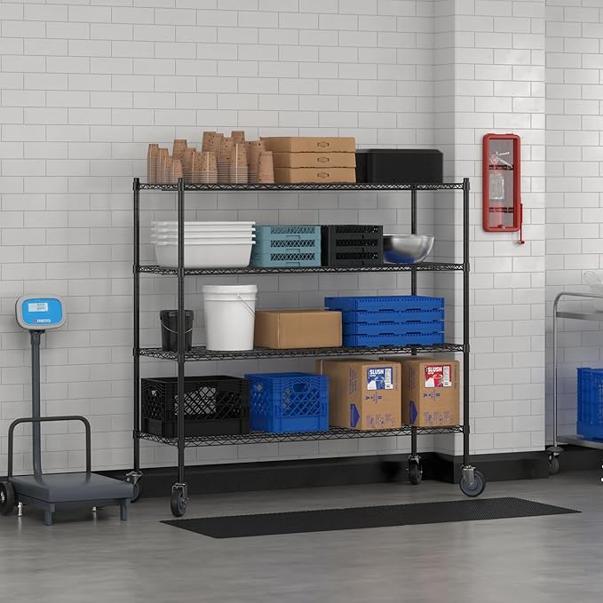 Commercial NSF Listed Black Epoxy Mobile Wire Shelving Kit 21" x 60" x 60", with 4 Shelves Perfect for Warehouse, Walk-in Refrigerator, Freezer, Grocery Store, Restaurant, Dishroom