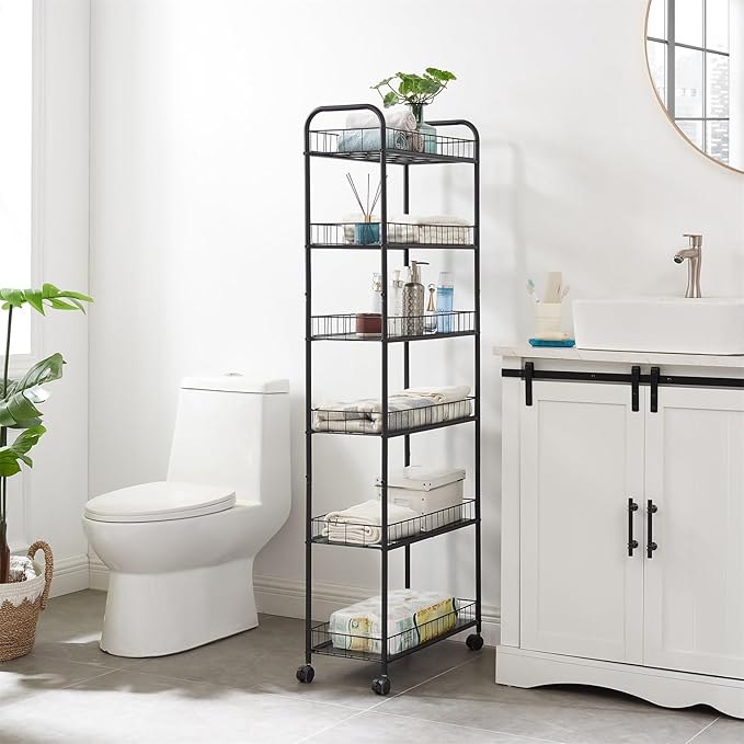 6-Tier Slim Rolling Storage Cart with Wheels, Narrow Metal Organizer Shelf Unit for Kitchen, Bathroom, Laundry, Office, Garage – Black, 10" Wide