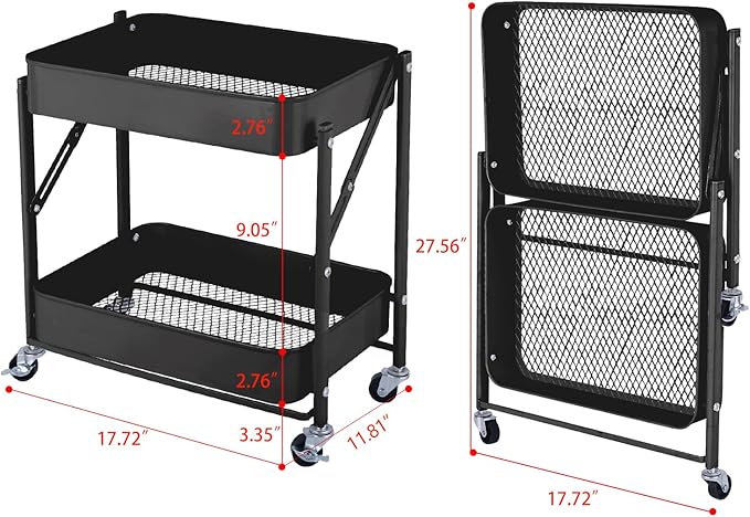 Melody House 2-Tier Metal Folding Rolling Cart, Mobile Utility Cart Trolley Storage Organizer for Office Home Kitchen Organization, Sofa Side End Table with Wheels, Black