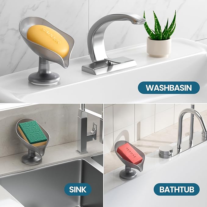 TAILI Self Draining Soap Holder, Leaf-Shaped Bar Soap Dish with Suction Cup Stand, Bar Saver Suitable for Bathroom, Tub, Kitchen Sink, Removable,Easy to Clean & Keep Dry, Grey