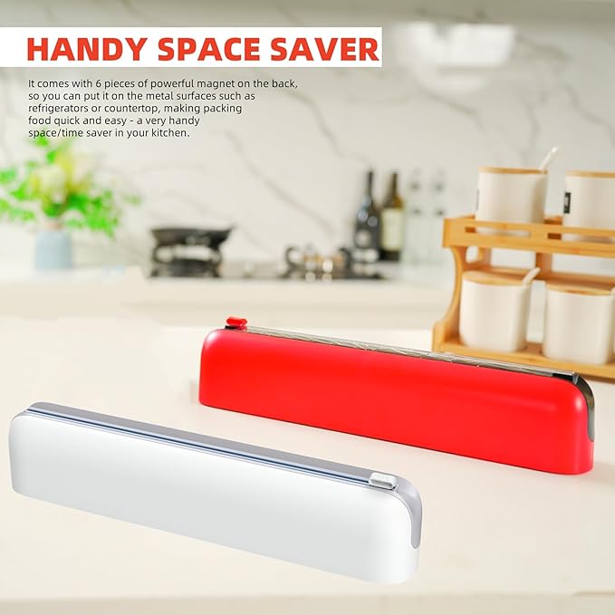 Aluminum Foil & Plastic Wrap Dispenser with Cutter - Easy One-Hand Operation, Space-Saving Kitchen Organizer for Worktops & Cabinets, Magnetic Cling Film Dispenser - Fits 12" Rolls, Red