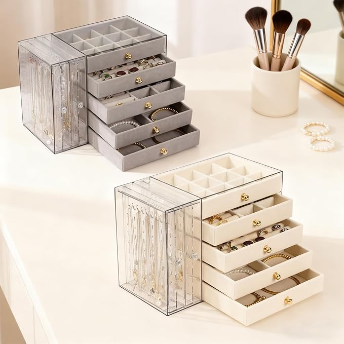 Greenfeather Jewelry Organizer with 7 Removable Drawers, Clear Acrylic Jewelry Box with 16 Necklace Hooks, 48 Pairs of Earring Holes, 5 Velvet-Lined Drawers for Rings, Bracelets, Necklaces,Gray