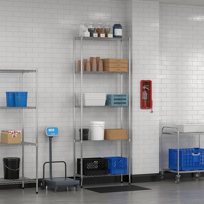 Commercial NSF Listed Chrome Stationary Wire Shelving Kit 12" x 36" x 96", with 5 Shelves Perfect for Warehouse, Walk-in Refrigerator, Freezer, Grocery Store, Restaurant, Dishroom