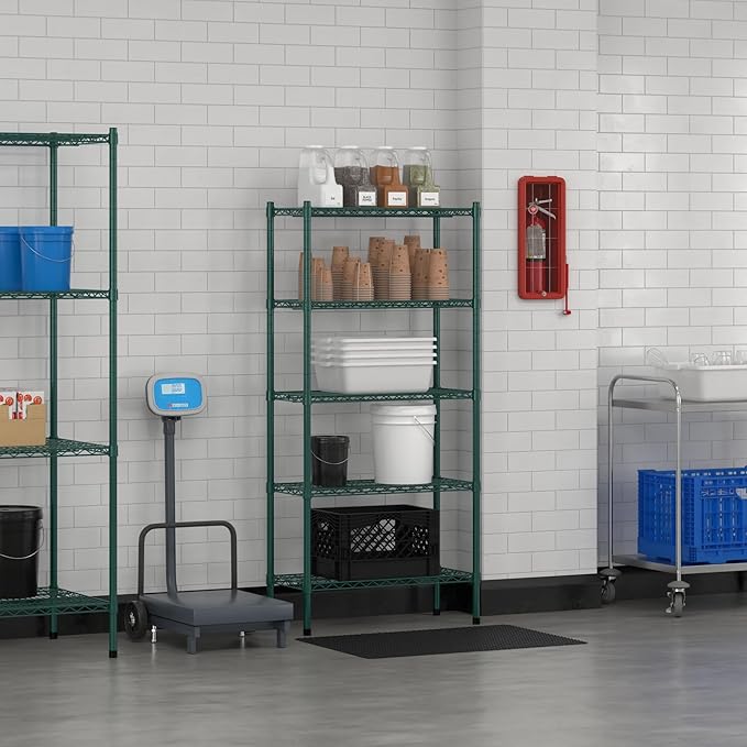 Commercial NSF Listed Green Epoxy Stationary Wire Shelving Kit 14" x 30" x 64", with 5 Shelves Perfect for Warehouse, Walk-in Refrigerator, Freezer, Grocery Store, Restaurant, Dishroom