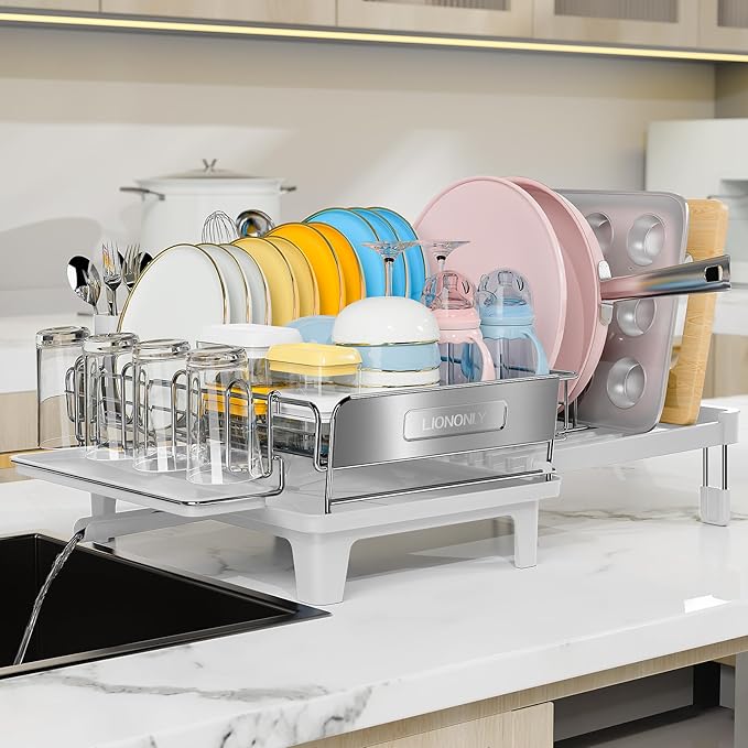Expandable Dish Drying Rack, Dish Racks for Kitchen Counter, Stainless Steel 304, Flip-Top Retractable Plate, Multi-Directional Adjustable Dish Rack, Space Saving Large Drying Rack Kitchen, White