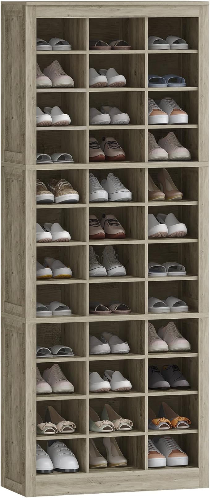 Shoe Storage Cabinet, 36 Pairs Free Standing Closet Organizer, 8.8 inch Widened Cell Wood Shoe Organizer, 12 Tiers Vertical Space Saving Shoe Rack for Entryway, Cloakroom, Greige SR20705B
