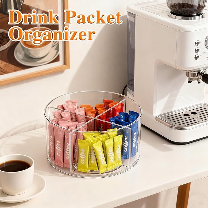 Drink Packet Organizer with 4 Dividers, 360° Rotating Clear Acrylic Lazy Susan for Powdered Drink Mixes, Coffee Pods & Kitchen Pantry Organization