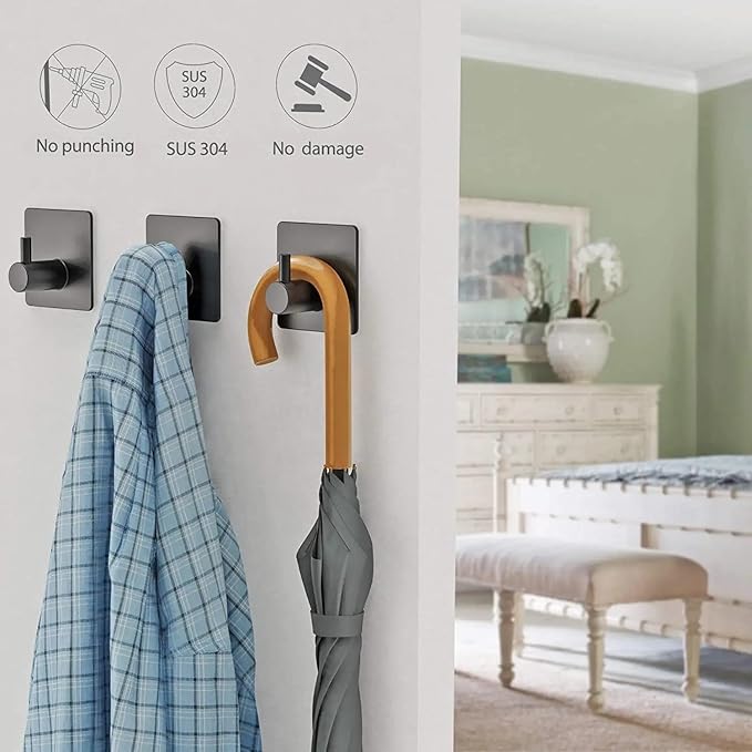 LICITE USA 4-Pack Adhesive Hooks – Heavy Duty Stainless Steel Stick-On Wall Hooks for Bathroom, Kitchen, Doors, and Cabinets – Waterproof, Rust-Resistant, No Drill Required (Black/Silver)