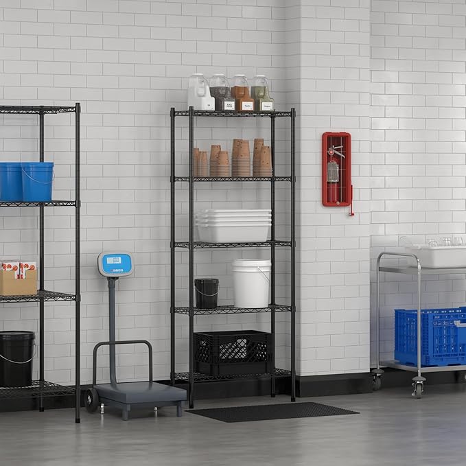 Commercial NSF Listed Black Epoxy Stationary Wire Shelving Kit 12" x 30" x 74", with 5 Shelves Perfect for Warehouse, Walk-in Refrigerator, Freezer, Grocery Store, Restaurant, Dishroom