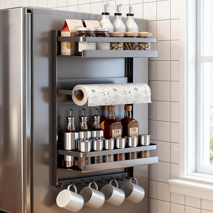 Magnetic Spice Rack for Refrigeratorwith 8-Hook, Magnetic Paper Towel Holder, with Strong Adhesion, Rust-Proof & Space-Saving Design for Kitchen, Bathroom(2 Tier Refrigerator Shelf)