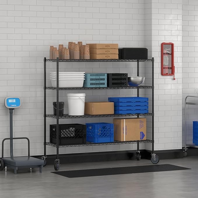 Commercial NSF Listed Black Epoxy Mobile Wire Shelving Kit 18" x 60" x 60", with 4 Shelves Perfect for Warehouse, Walk-in Refrigerator, Freezer, Grocery Store, Restaurant, Dishroom