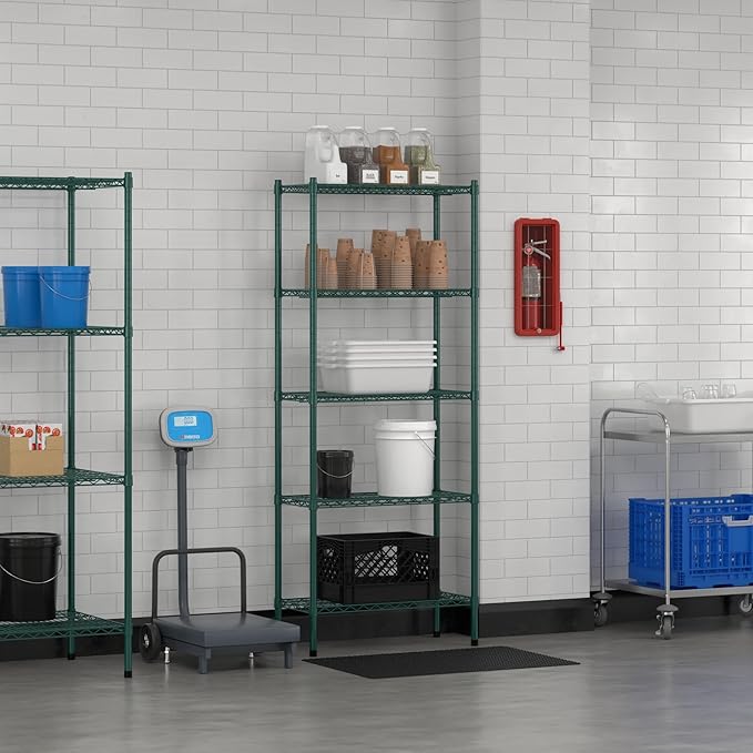 Commercial NSF Listed Green Epoxy Stationary Wire Shelving Kit 14" x 30" x 74", with 5 Shelves Perfect for Warehouse, Walk-in Refrigerator, Freezer, Grocery Store, Restaurant, Dishroom