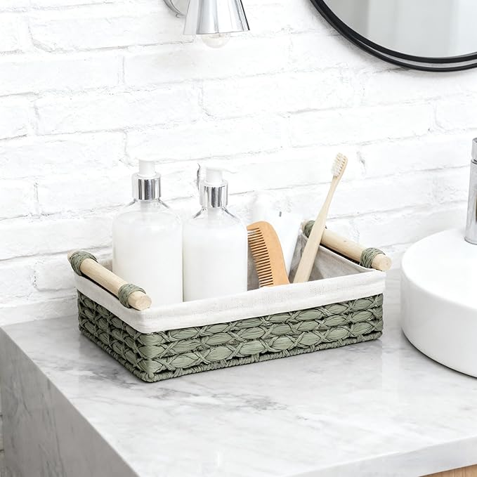 Set of 2 Green Paper Rope Storage Baskets with Wood Handles and Liner – Woven Organizer Bins for Kitchen, Pantry, Bathroom Shelf & Rustic Decorative Home Storage