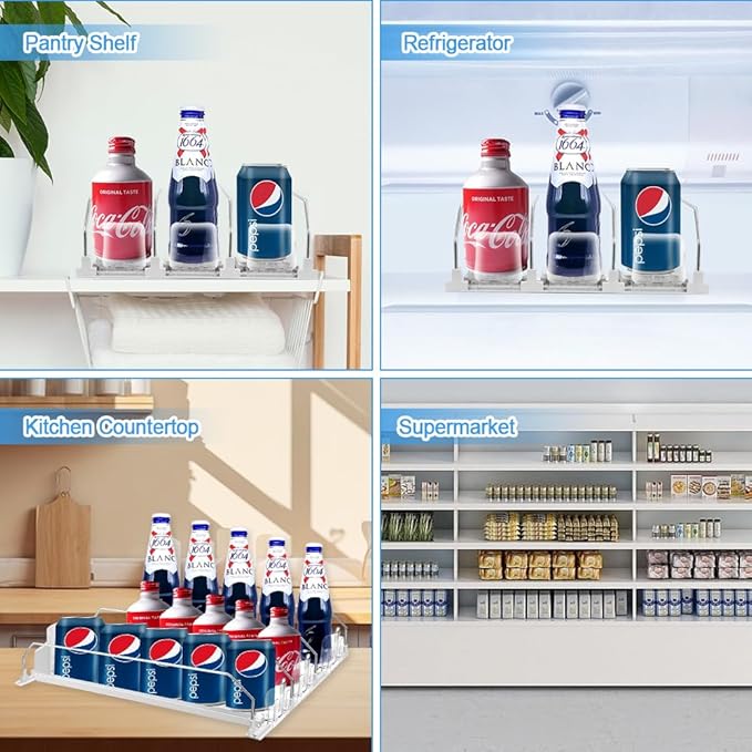 Drink Organizer For Fridge, Adjustable Self Pushing Drink Dispenser for Refrigerator Organizers and Storage, Automatic Fridge Drink Organizer, 3 Rows, 14.96" D - Holds up to 15 Cans