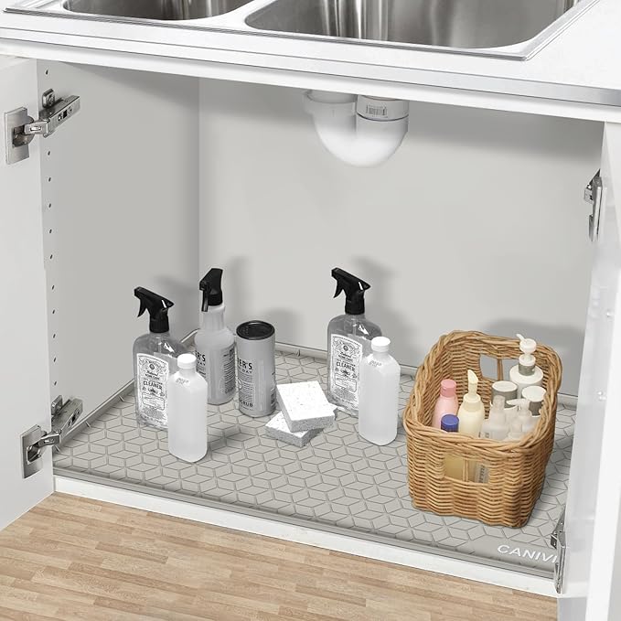 CANIVI Under Sink Mat, 34" x 22" Waterproof Silicone Under Sink Tray for Kitchen & Laundry Cabinets, Kitchen Cabinet Shelf Protector, Up to 3.3 Gallons Liquid, Fits 36 inch Standard Cabinet(Grey)