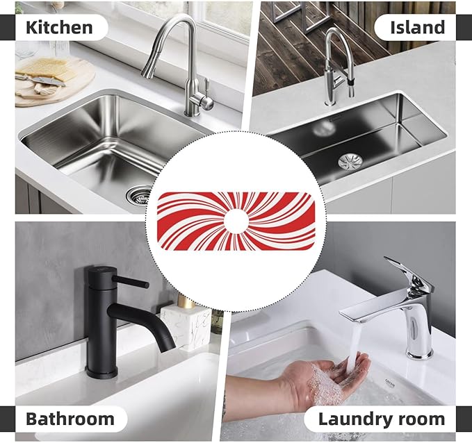 Red And White Candy Swirl Stripe Striped Mint Sugar Candy Cane Themed Kitchen Sink Splash Guard Faucet Mat Super Fast Drying Mat Sink Gadgets-Fast Drying Pad Sink Mat For Kitchen (15" X 5.5" )