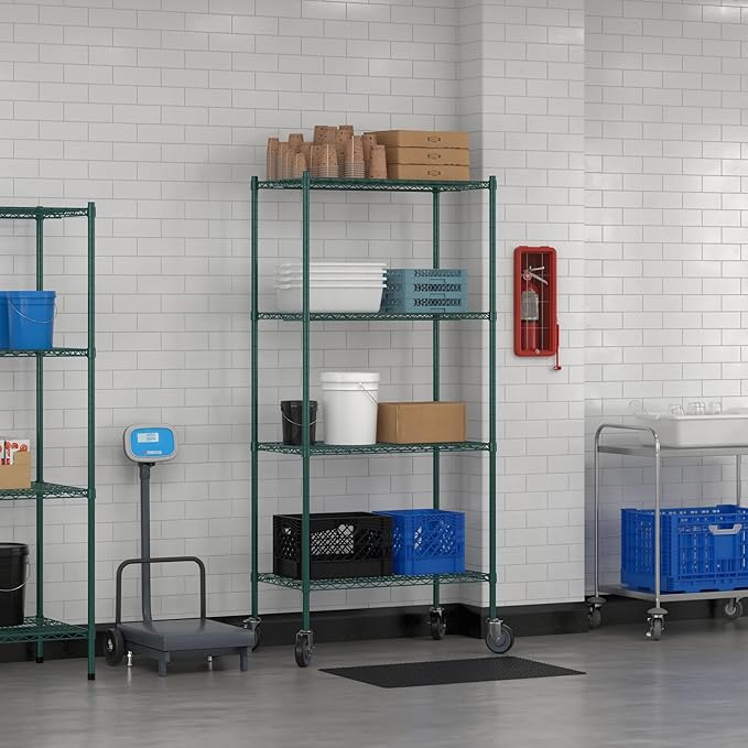 Commercial NSF Listed Green Epoxy Mobile Wire Shelving Kit 21" x 36" x 80", with 4 Shelves Perfect for Warehouse, Walk-in Refrigerator, Freezer, Grocery Store, Restaurant, Dishroom