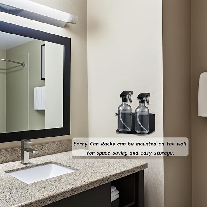 2 Pack Spray Bottle Holder Wall Mount, Heavy Duty Metal Spray Can Holder Rack Organizer with Double Holes, Multi-Purpose Bottle Storage Shelf with Hardware for Garage, Home, Workspace