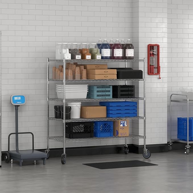 Commercial NSF Listed Chrome Mobile Wire Shelving Kit 24" x 54" x 60", with 5 Shelves Perfect for Warehouse, Walk-in Refrigerator, Freezer, Grocery Store, Restaurant, Dishroom