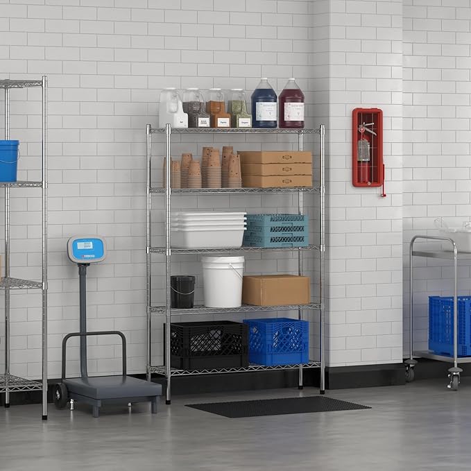 Commercial NSF Listed Chrome Stationary Wire Shelving Kit 12" x 42" x 64", with 5 Shelves Perfect for Warehouse, Walk-in Refrigerator, Freezer, Grocery Store, Restaurant, Dishroom