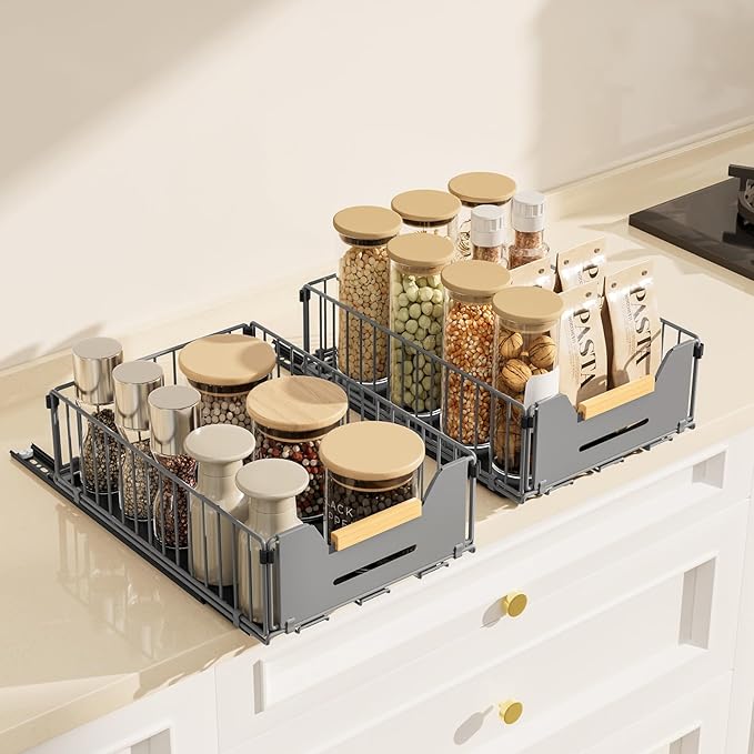 2 Pack Pull Out Cabinet Organizer, Slide Out Drawers for Cabinets,Peel and Stick,Comes with adhesive and screws,Suitable for kitchens,Cupboard,Pantry, Bathroom, Short-Gray(14.76" D*9.64" W*4.72" H)