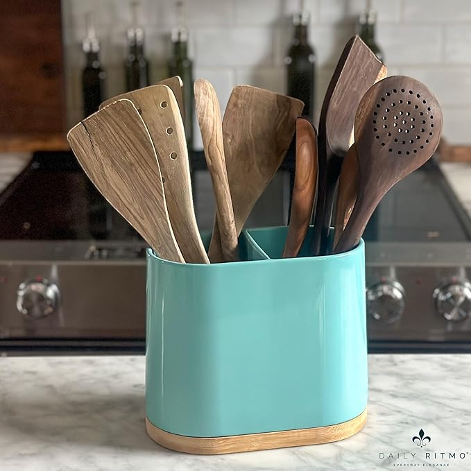 DAILY RITMO® Turquoise Aqua Large Oval Utensil Holder with Bamboo Base and Divider
