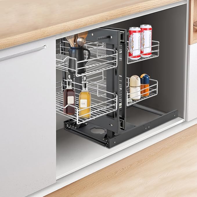 Blind Corner Cabinet Pull Out Left & Right, 2 Tier 4 Basket Cabinet Organizer, Slide Out Storage Organizer, Iron Corner Cabinet Tier Space Adjustable 24.8x19.68x23.22 In(Pull Out Left & Right, Style4)