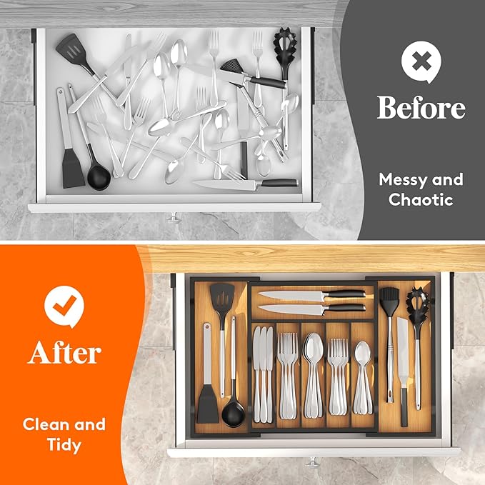 Lifewit Silverware Drawer Organizer, Expandable Utensil Tray for Kitchen, Bamboo Flatware and Cutlery Holder, Wood Adjustable Storage for Spoons Forks Knives, 13-22x15"/ 33 -56x38cm, Natural and Black