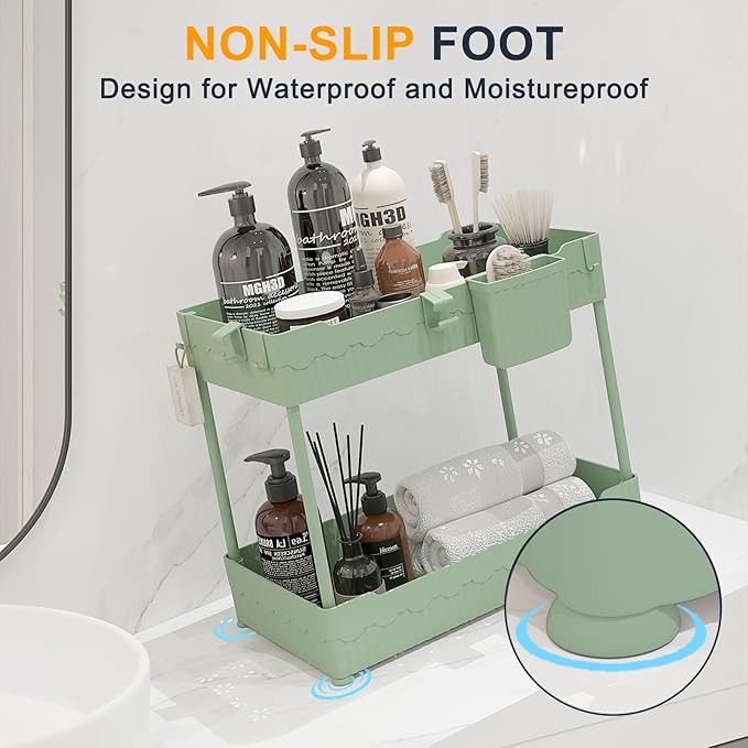 Sevenblue 2 Pack Under Sink Organizer, Under Bathroom Cabinet Organizer with Hooks Hanging Cup, Multi-Purpose Storage Shelf for Kitchen Bathroom (Green, XL)