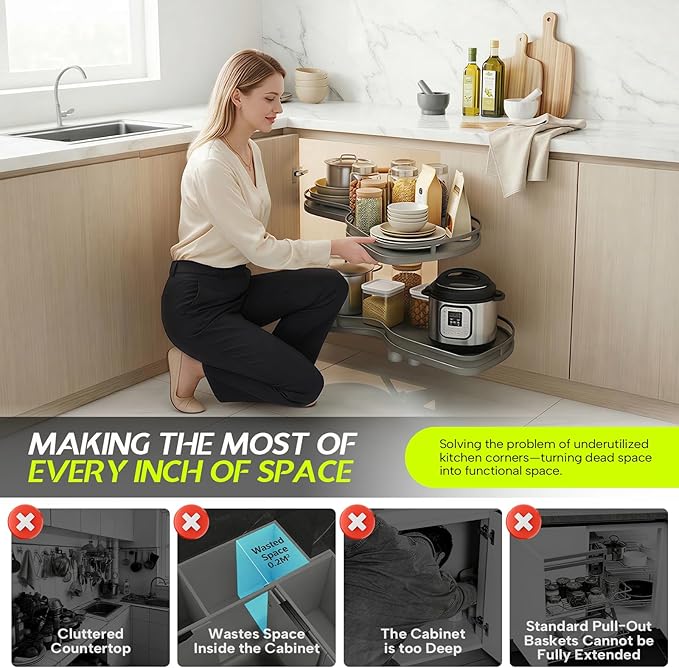 Blind Corner Cabinet Pull Out Organizer 12 14 16 18 Inch, 2 Tier Kitchen Cabinet Organizer, Heavy Duty Adjustable Lazy Susan Shelf with Soft Close, Left or Right Mount for Blind Corner Cabinets