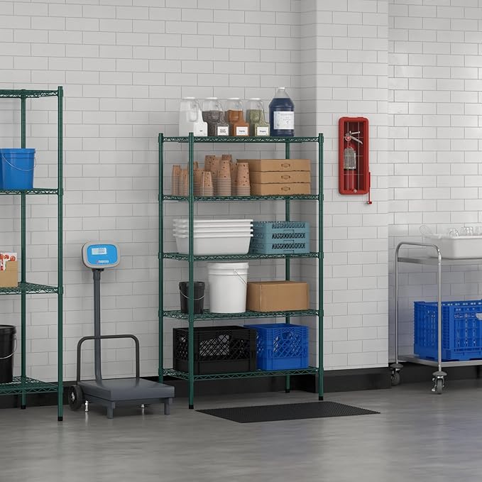 Commercial NSF Listed Green Epoxy Stationary Wire Shelving Kit 18" x 36" x 64", with 5 Shelves Perfect for Warehouse, Walk-in Refrigerator, Freezer, Grocery Store, Restaurant, Dishroom
