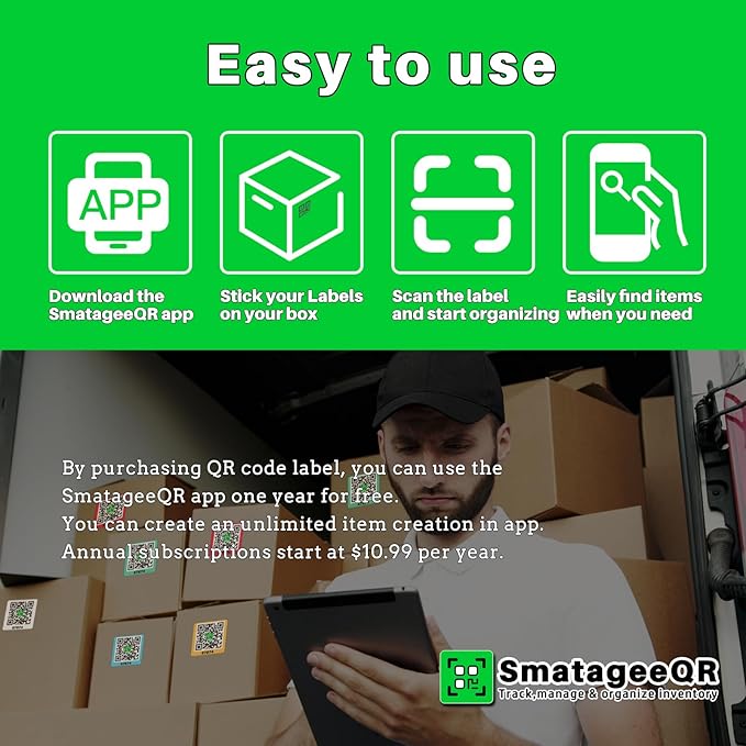 60 Pcs Smatagee Color Coded QR Code Labels for Storage Bins,Moving and Organization | Pack and Track Inventory on iOS,Android App| 60 Unique Stickers(2.6"x2.6") - Bright