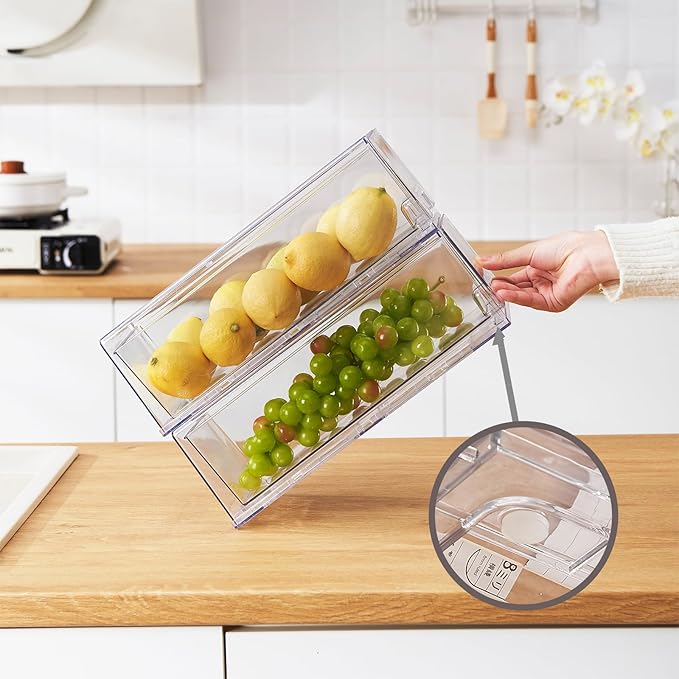 PiJeyiee 2 Pack Clear Stackable Refrigerator Organizers and Storage Drawers - Pull-Out Fridge Bins with Anti-Slip Base & Easy Clean, Plastic Organizers for Kitchen Pantry Cabinet Closet (Large)