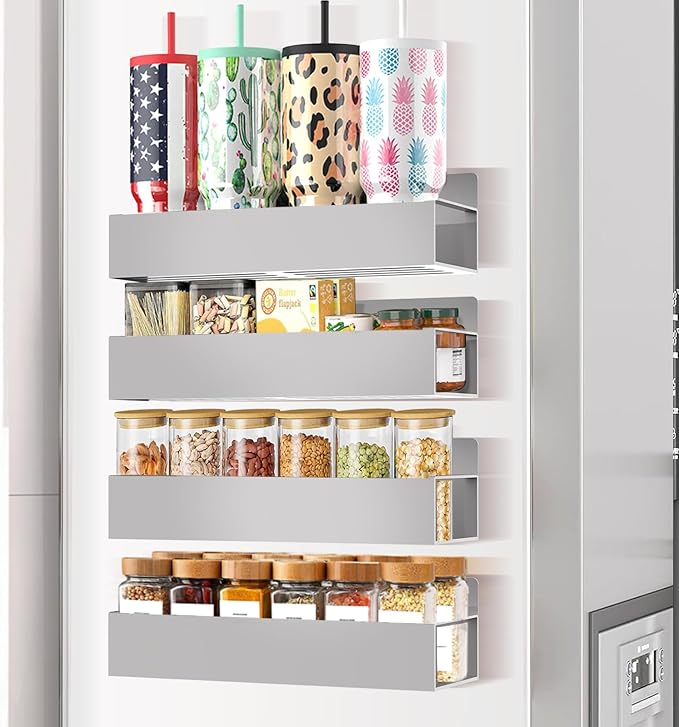 SMRCAD Magnetic Spice Rack for Refrigerator Seasoning Organizer for Spice Fridge Shelf storage Magnetic Shelf with Hook for Oven (4pack-Grey)