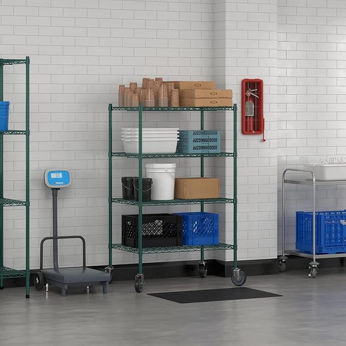 Commercial NSF Listed Green Epoxy Mobile Wire Shelving Kit 24" x 36" x 60", with 4 Shelves Perfect for Warehouse, Walk-in Refrigerator, Freezer, Grocery Store, Restaurant, Dishroom